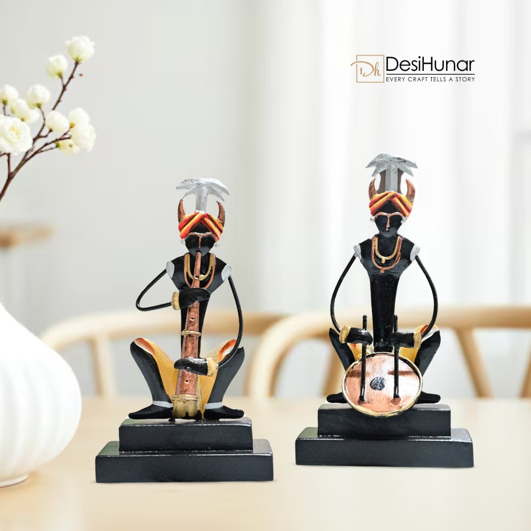 Handcrafted Tribal Mens Playing Trumpet & Drum  – Tribal Decor