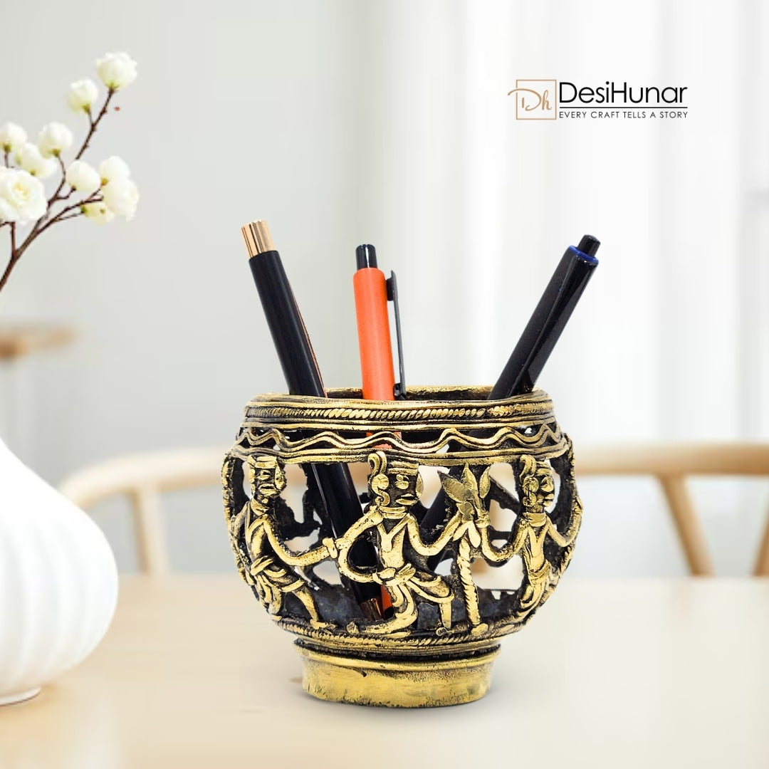 Dhokra Art Brass Pen Holder | Bastar Arts Stationery Holder | Antique Gifts