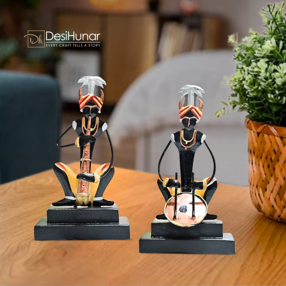 Handcrafted Tribal Mens Playing Trumpet & Drum  – Tribal Decor