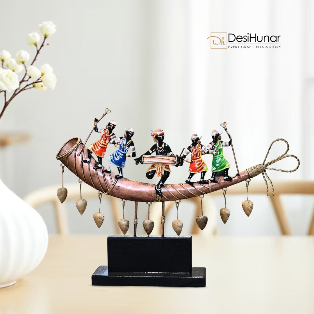Handcrafted Tribal Troupe Dancing on a Trumpet  – Tribal Decor