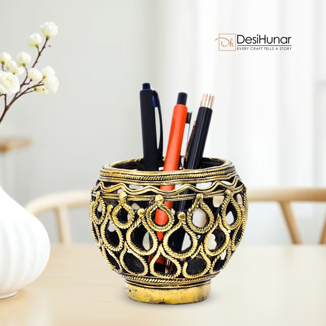 Dhokra Art Brass Pen Holder | Bastar Arts Stationery Holder | Antique Gifts